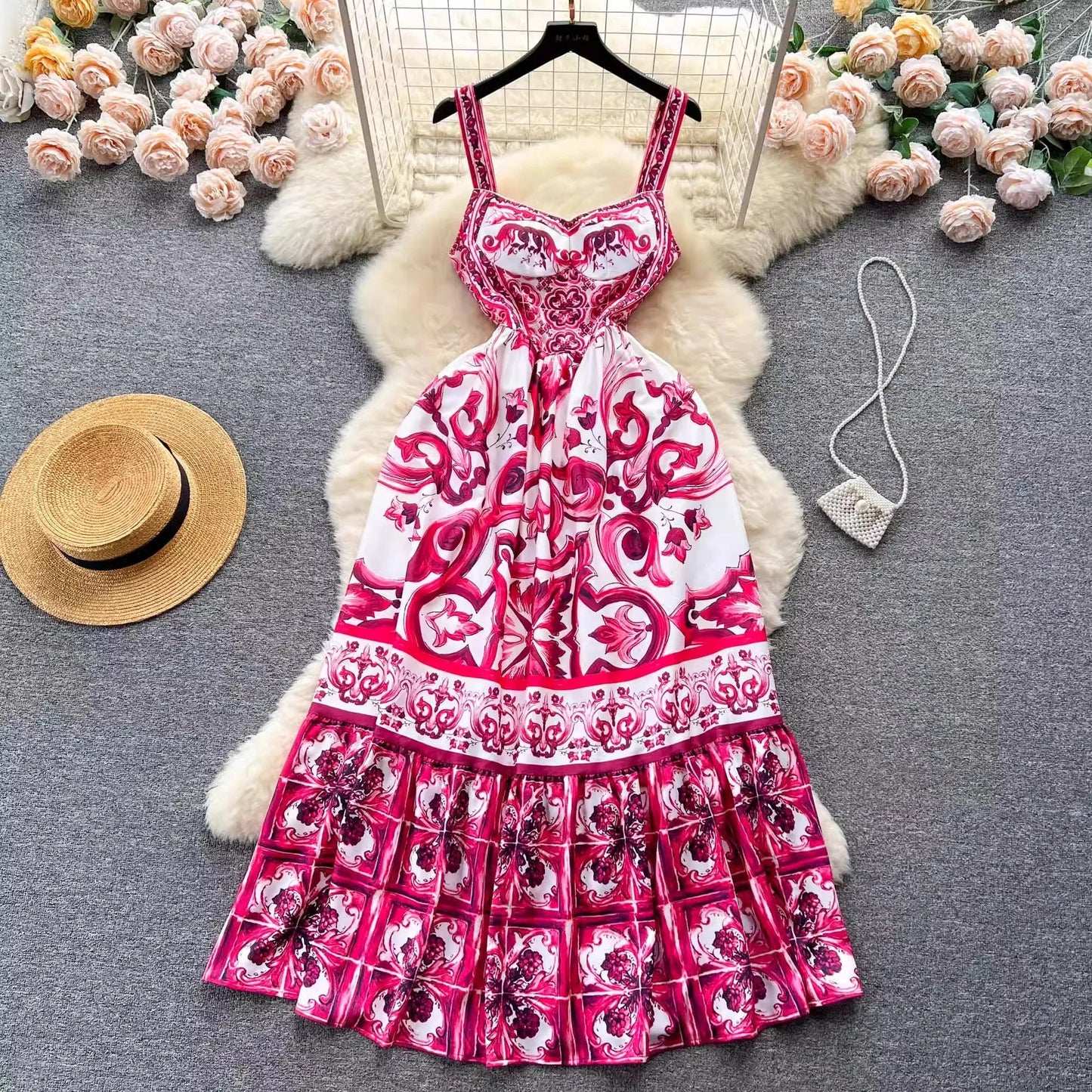 Women's V - Neck Red Blue and White Print Spaghetti Strap Holiday Maxi Dress Summer Runway Floral Print Vacation Long Robes - PratSN