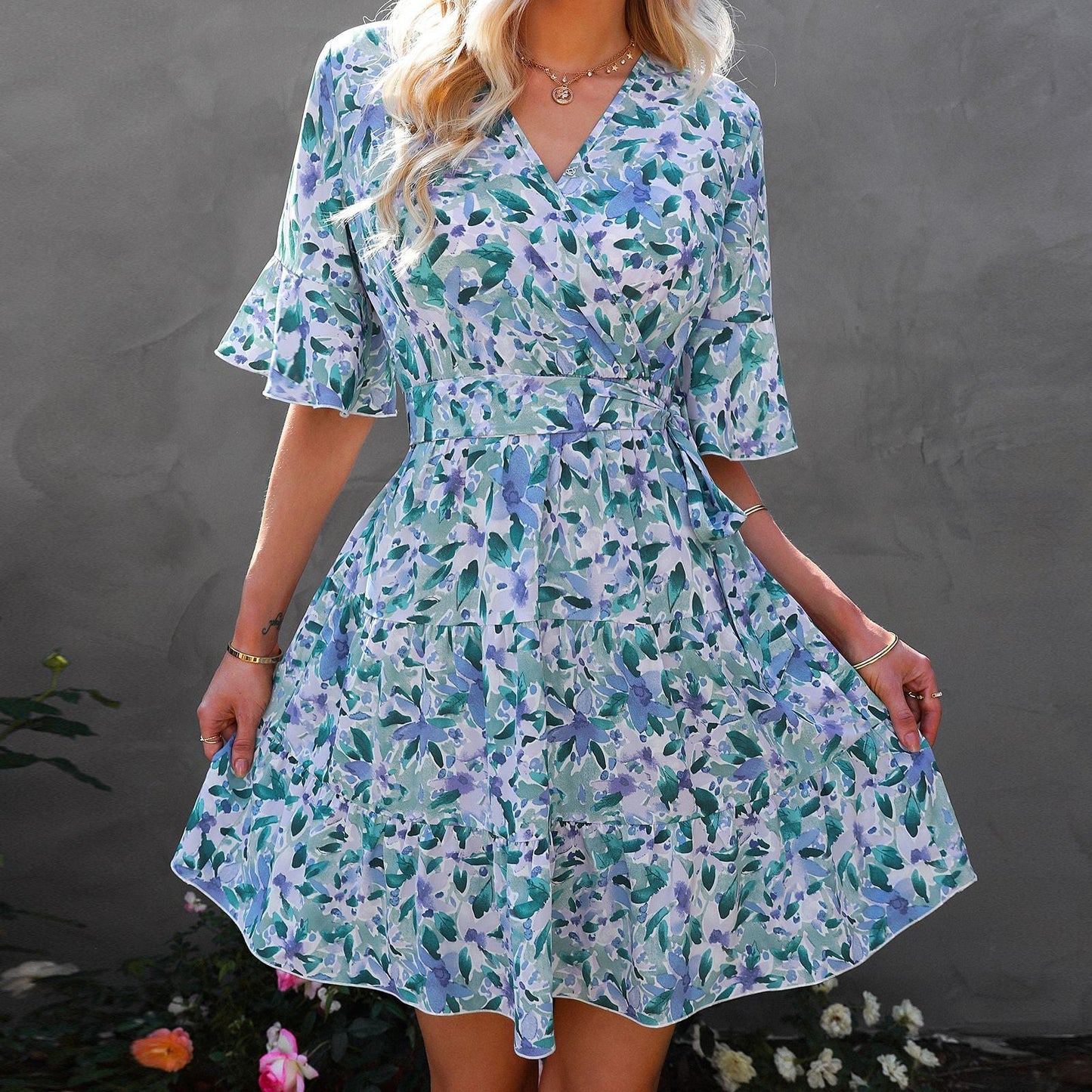 Women's V - Neck Short Sleeve Ruffle Floral Dress - PratSN