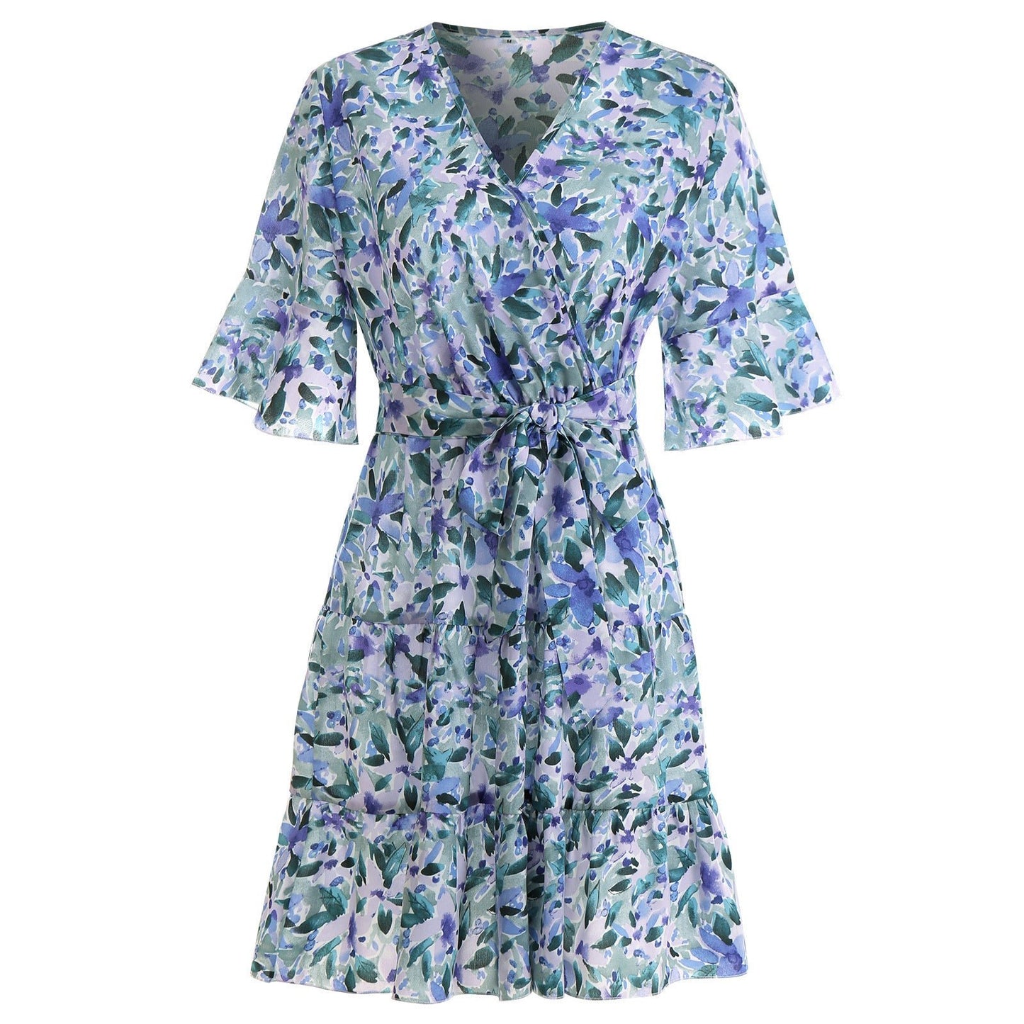 Women's V - Neck Short Sleeve Ruffle Floral Dress - PratSN