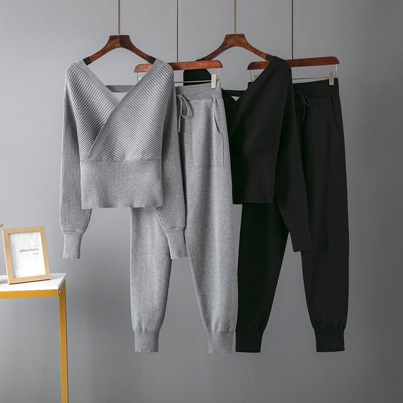 Women's V - neck Sweater Casual Sports Pants Two - piece Set - PratSN