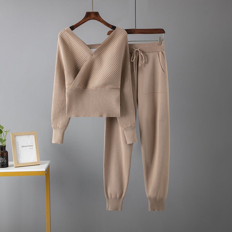 Women's V - neck Sweater Casual Sports Pants Two - piece Set - PratSN