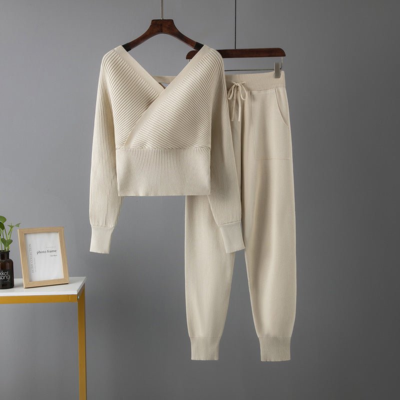 Women's V - neck Sweater Casual Sports Pants Two - piece Set - PratSN