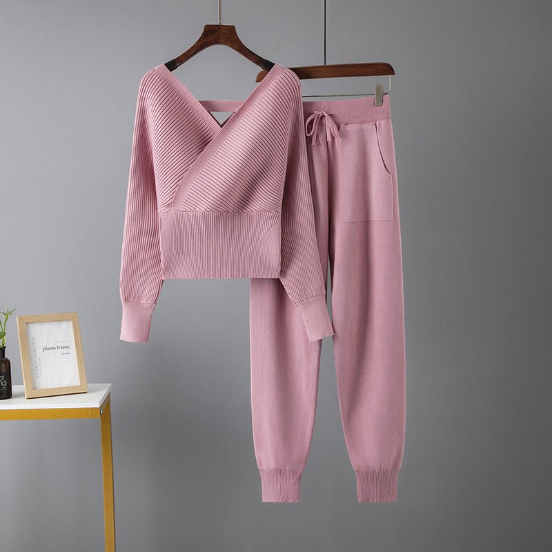 Women's V - neck Sweater Casual Sports Pants Two - piece Set - PratSN