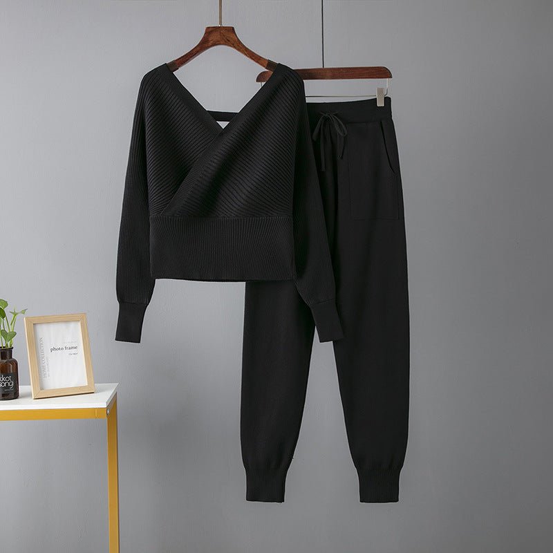 Women's V - neck Sweater Casual Sports Pants Two - piece Set - PratSN