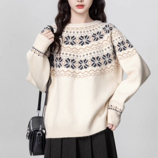 Women's Vintage Fair Thickened Crew Neck Pullover Sweater - PratSN
