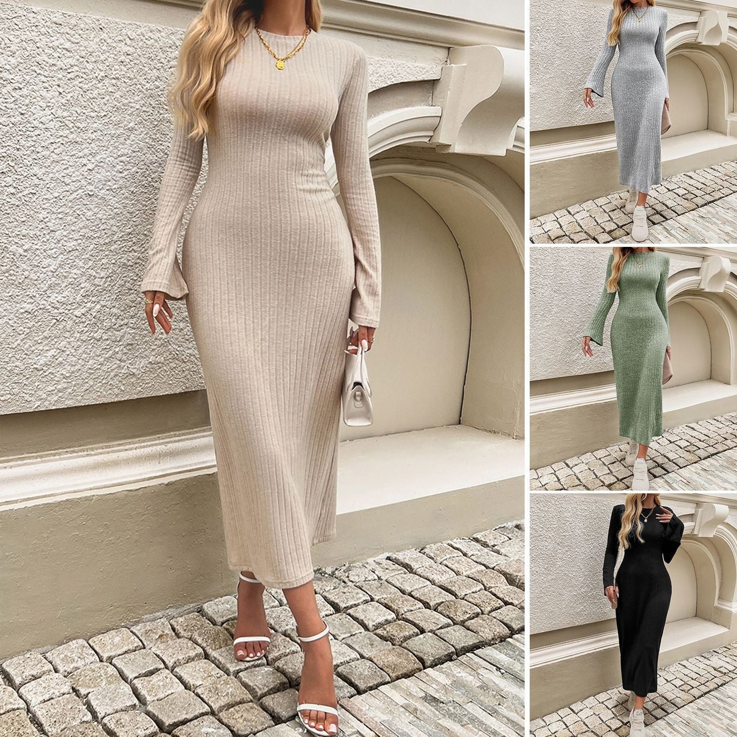 Women's Winter Bell Sleeve Solid Color Knitted Dress - PratSN