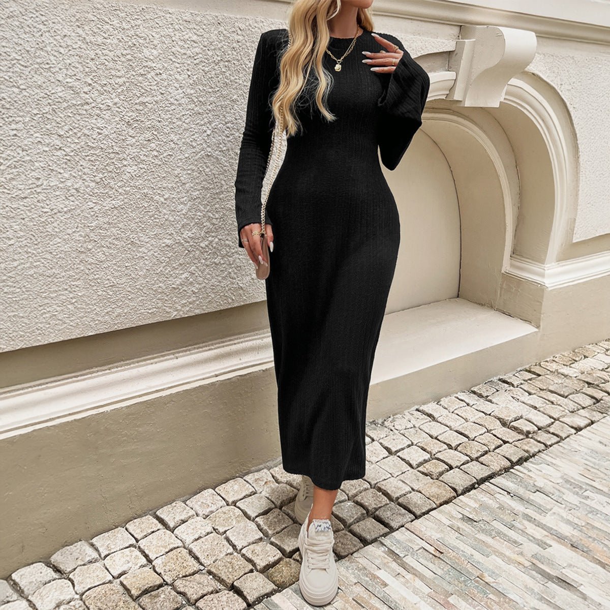 Women's Winter Bell Sleeve Solid Color Knitted Dress - PratSN
