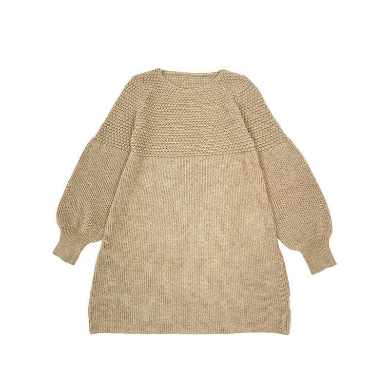 Women's Winter Casual Loose Lantern Sleeve High Waist A - Style Hemline Round Neck Knitted Dress Sweater - PratSN