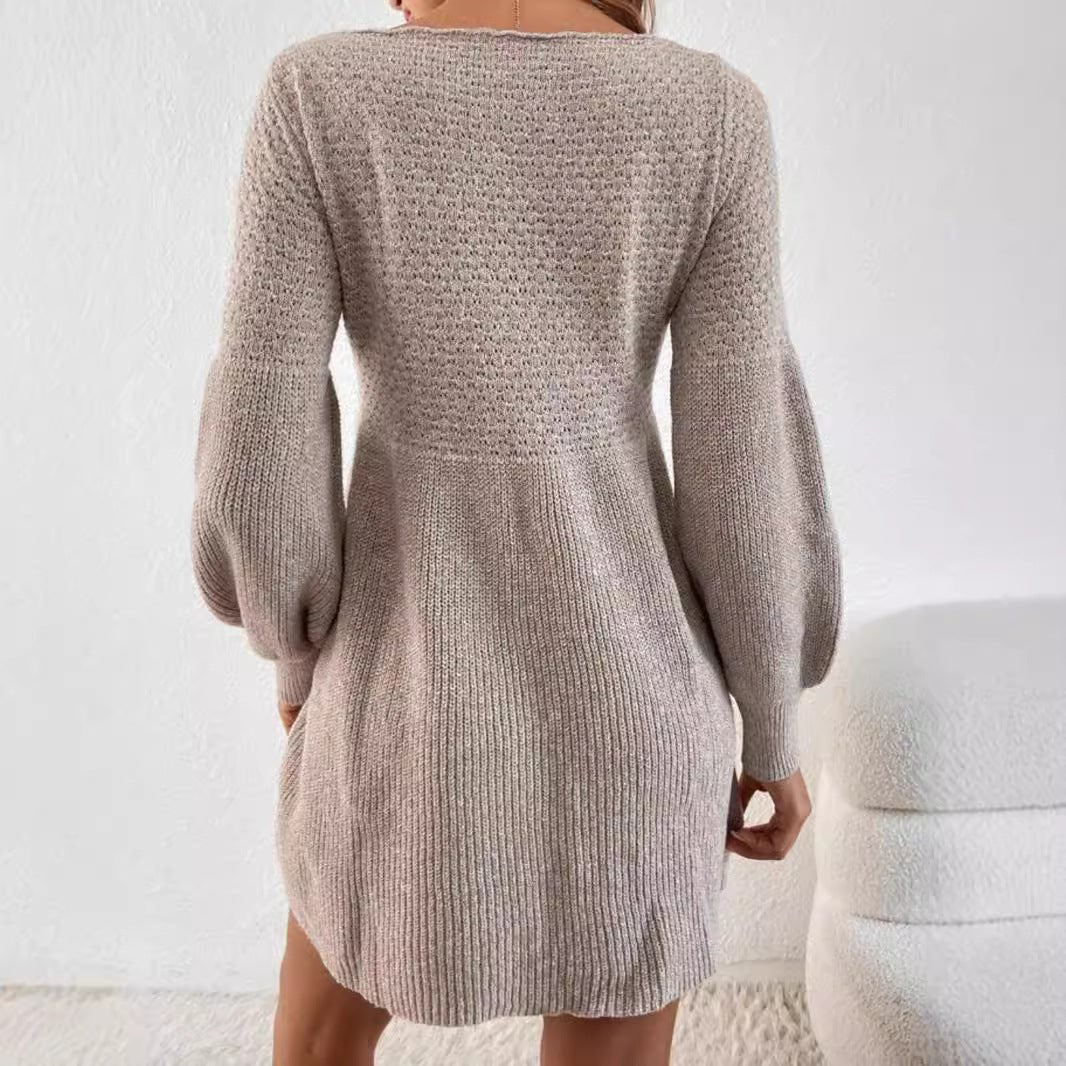 Women's Winter Casual Loose Lantern Sleeve High Waist A - Style Hemline Round Neck Knitted Dress Sweater - PratSN