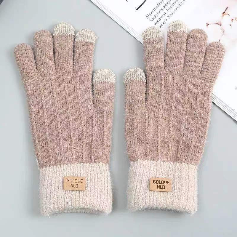 Women's Winter Mittens Brown Striped Embroidered Warm Cycling Spot Universal Cartoon Gloves Ins - PratSN