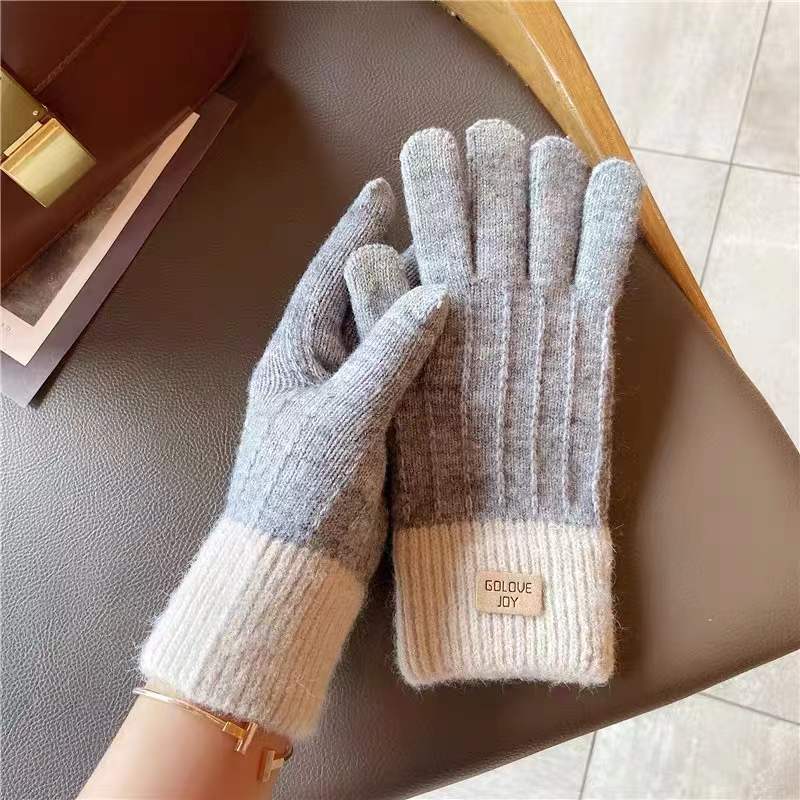 Women's Winter Mittens Brown Striped Embroidered Warm Cycling Spot Universal Cartoon Gloves Ins - PratSN