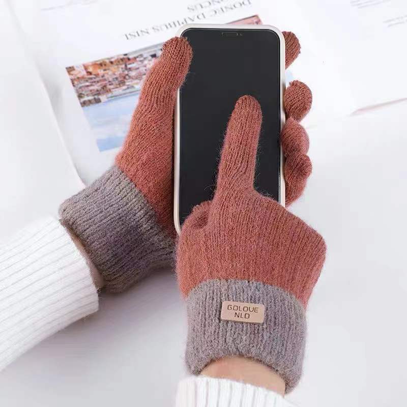 Women's Winter Mittens Brown Striped Embroidered Warm Cycling Spot Universal Cartoon Gloves Ins - PratSN