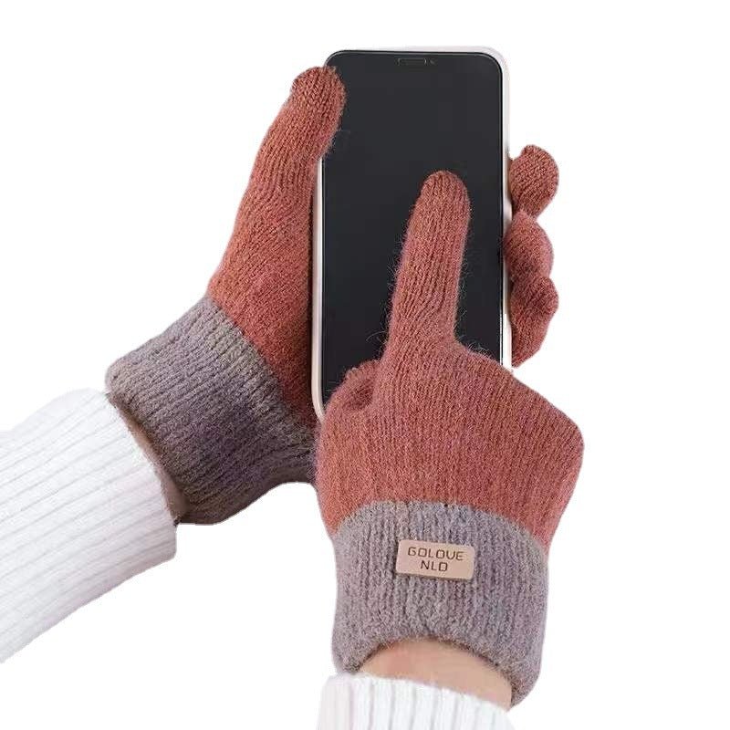 Women's Winter Mittens Brown Striped Embroidered Warm Cycling Spot Universal Cartoon Gloves Ins - PratSN