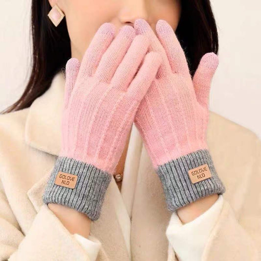 Women's Winter Mittens Brown Striped Embroidered Warm Cycling Spot Universal Cartoon Gloves Ins - PratSN