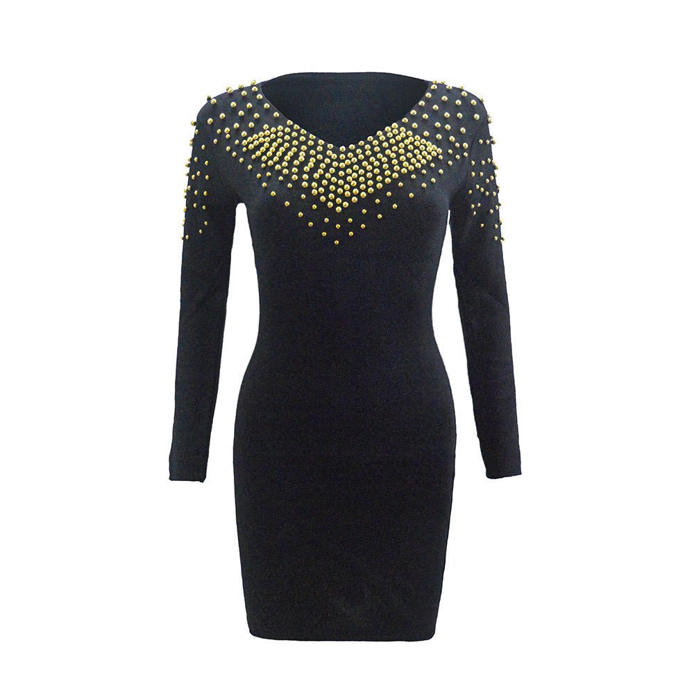 Women's Winter Party V - neck Bead Sheath Long Sleeve Knitted Dress - PratSN