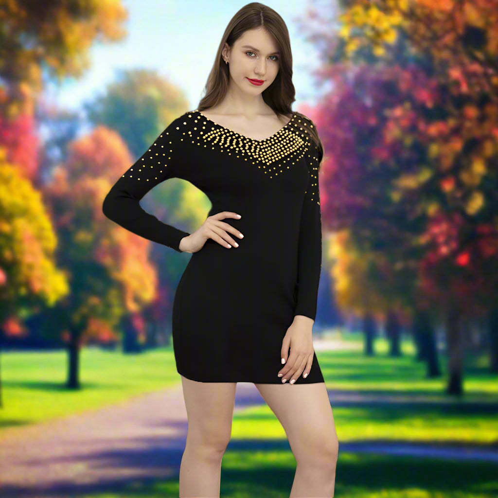 Women's Winter Party V - neck Bead Sheath Long Sleeve Knitted Dress - PratSN