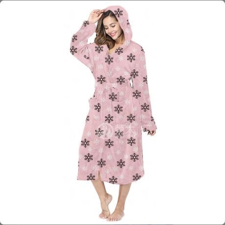 Women's Winter Soft Warm Long Flannel Bathrobe With Hooded Women Thick Night Fleece Bath Robes Dressing - PratSN