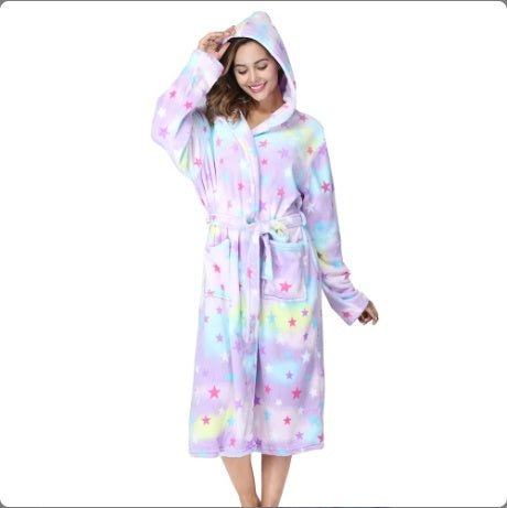 Women's Winter Soft Warm Long Flannel Bathrobe With Hooded Women Thick Night Fleece Bath Robes Dressing - PratSN