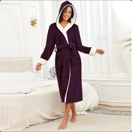 Women's Winter Soft Warm Long Flannel Bathrobe With Hooded Women Thick Night Fleece Bath Robes Dressing - PratSN