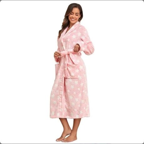Women's Winter Soft Warm Long Flannel Bathrobe With Hooded Women Thick Night Fleece Bath Robes Dressing - PratSN
