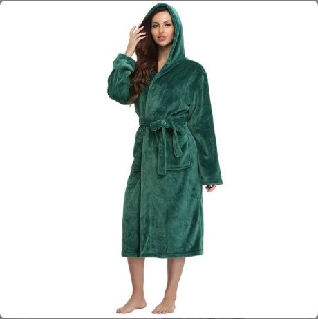 Women's Winter Soft Warm Long Flannel Bathrobe With Hooded Women Thick Night Fleece Bath Robes Dressing - PratSN