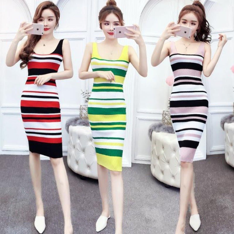 Women's Winter Striped Knitted Dress Slim Mid - length - PratSN