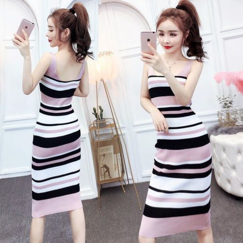 Women's Winter Striped Knitted Dress Slim Mid - length - PratSN