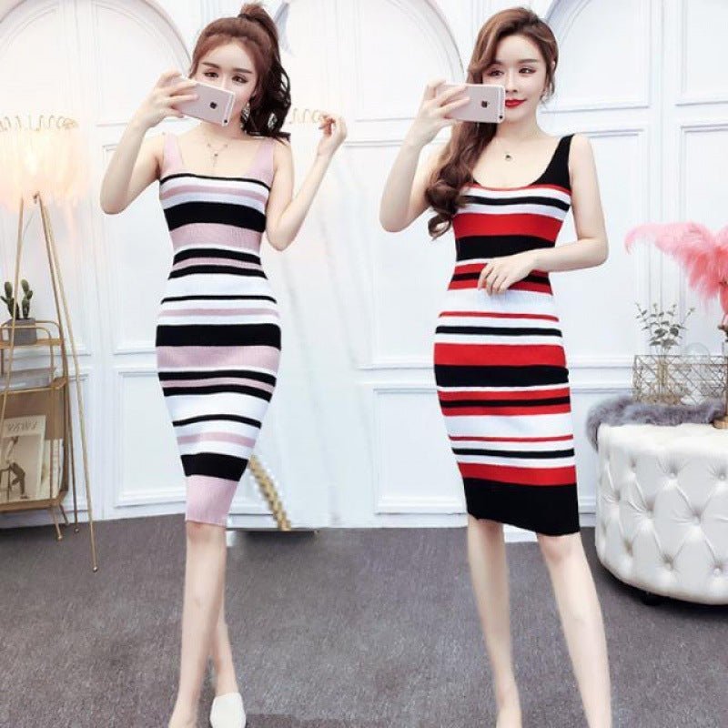Women's Winter Striped Knitted Dress Slim Mid - length - PratSN