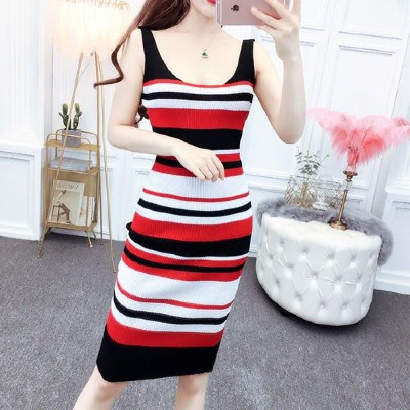 Women's Winter Striped Knitted Dress Slim Mid - length - PratSN