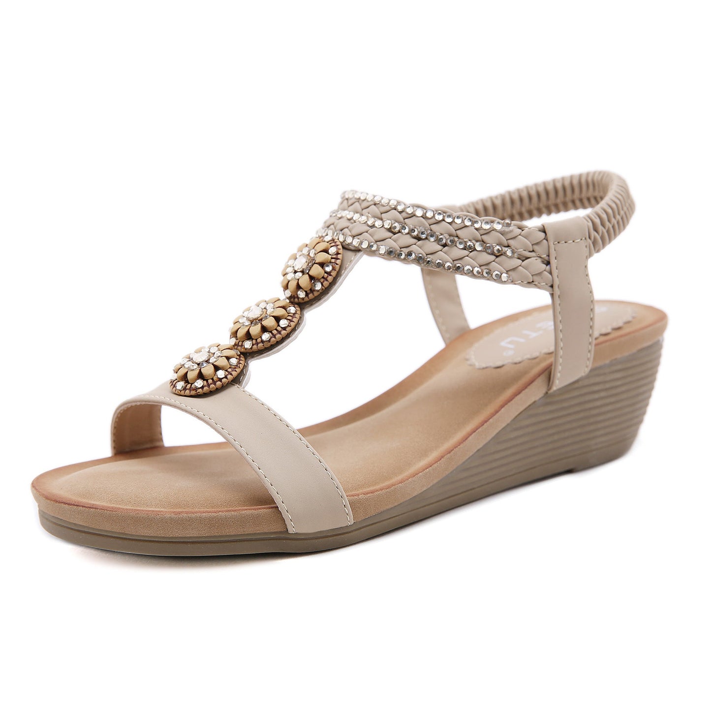 women's Wooden Bead Rhinestone Bohemian Wedge Comfortable Sandals - PratSN