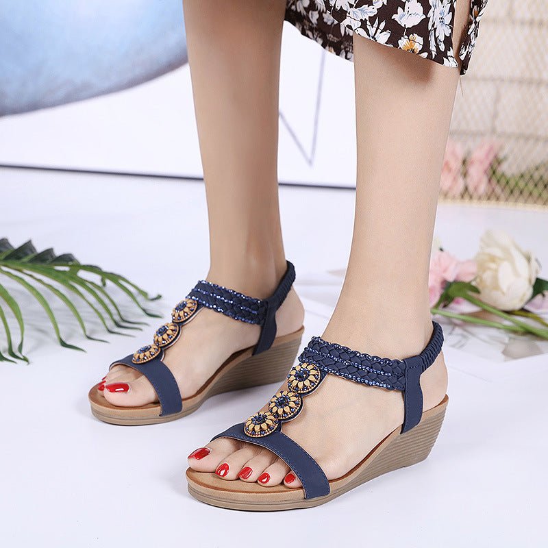 women's Wooden Bead Rhinestone Bohemian Wedge Comfortable Sandals - PratSN
