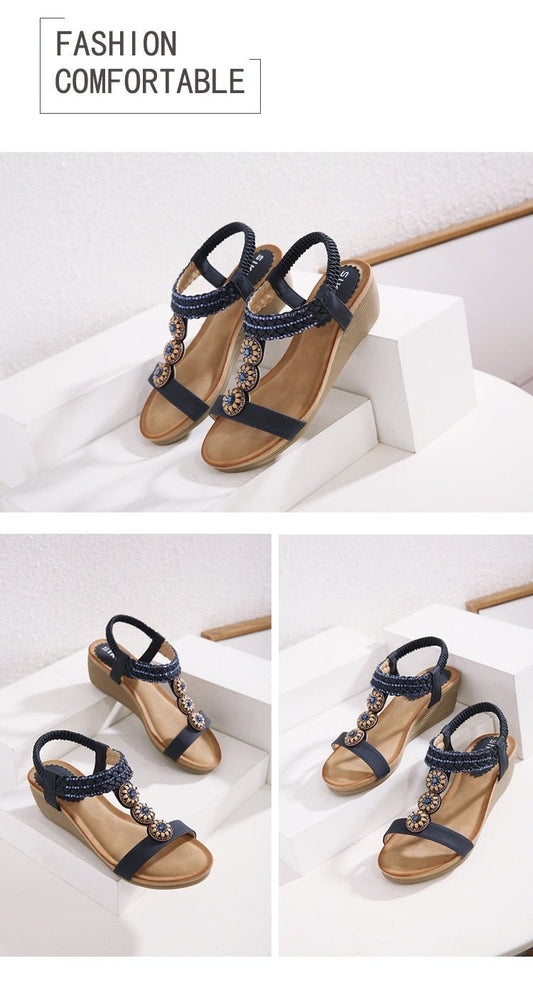women's Wooden Bead Rhinestone Bohemian Wedge Comfortable Sandals - PratSN
