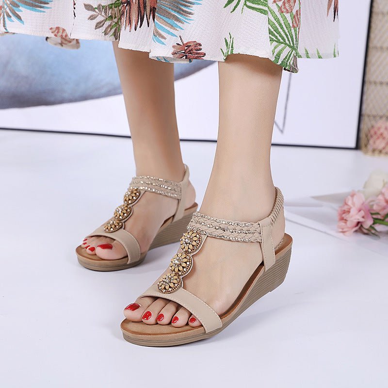 women's Wooden Bead Rhinestone Bohemian Wedge Comfortable Sandals - PratSN