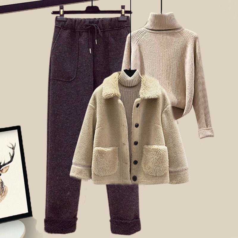 Women's Wool Fur Sweater Casual Pants Three Piece Set Fashion Suit - PratSN