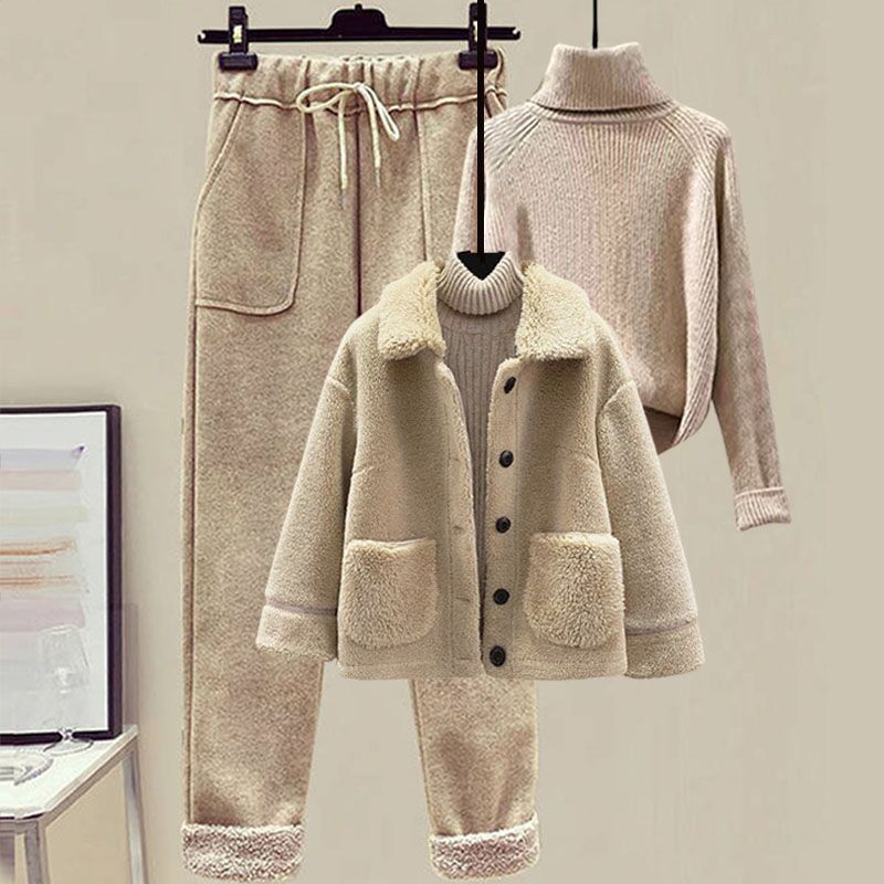 Women's Wool Fur Sweater Casual Pants Three Piece Set Fashion Suit - PratSN