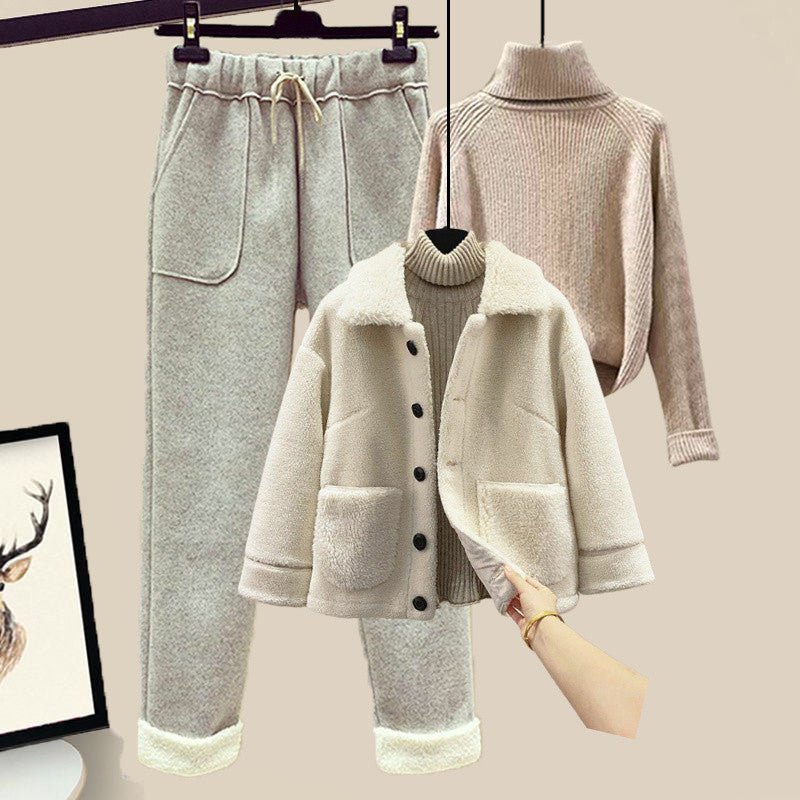 Women's Wool Fur Sweater Casual Pants Three Piece Set Fashion Suit - PratSN