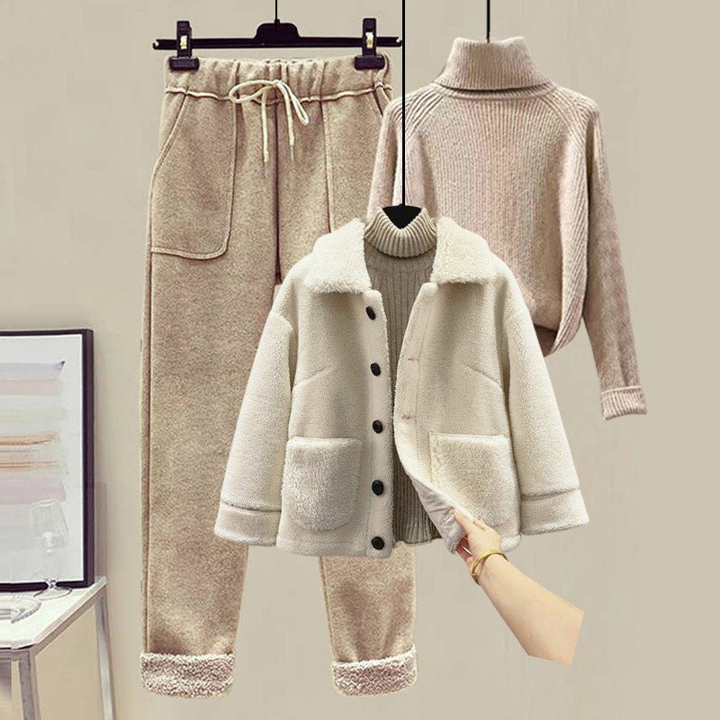 Women's Wool Fur Sweater Casual Pants Three Piece Set Fashion Suit - PratSN