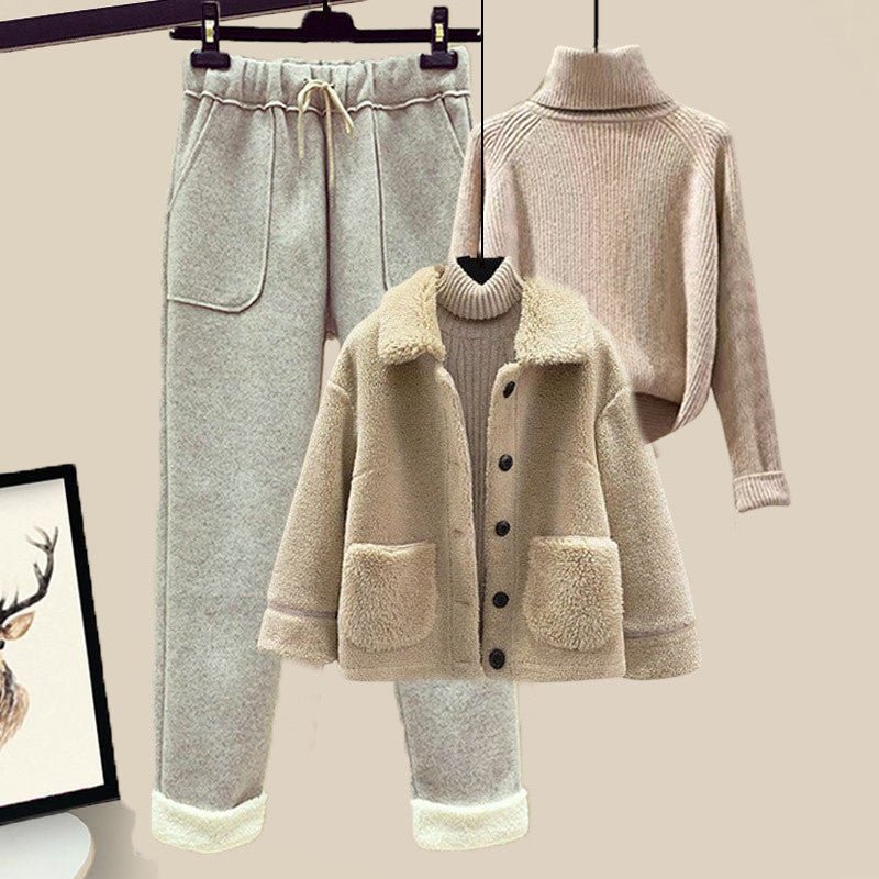 Women's Wool Fur Sweater Casual Pants Three Piece Set Fashion Suit - PratSN
