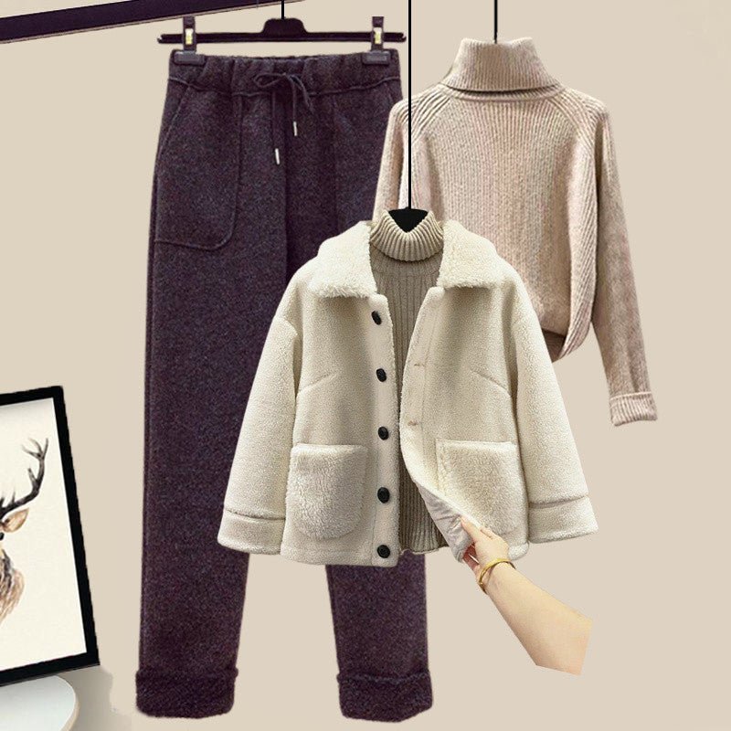 Women's Wool Fur Sweater Casual Pants Three Piece Set Fashion Suit - PratSN