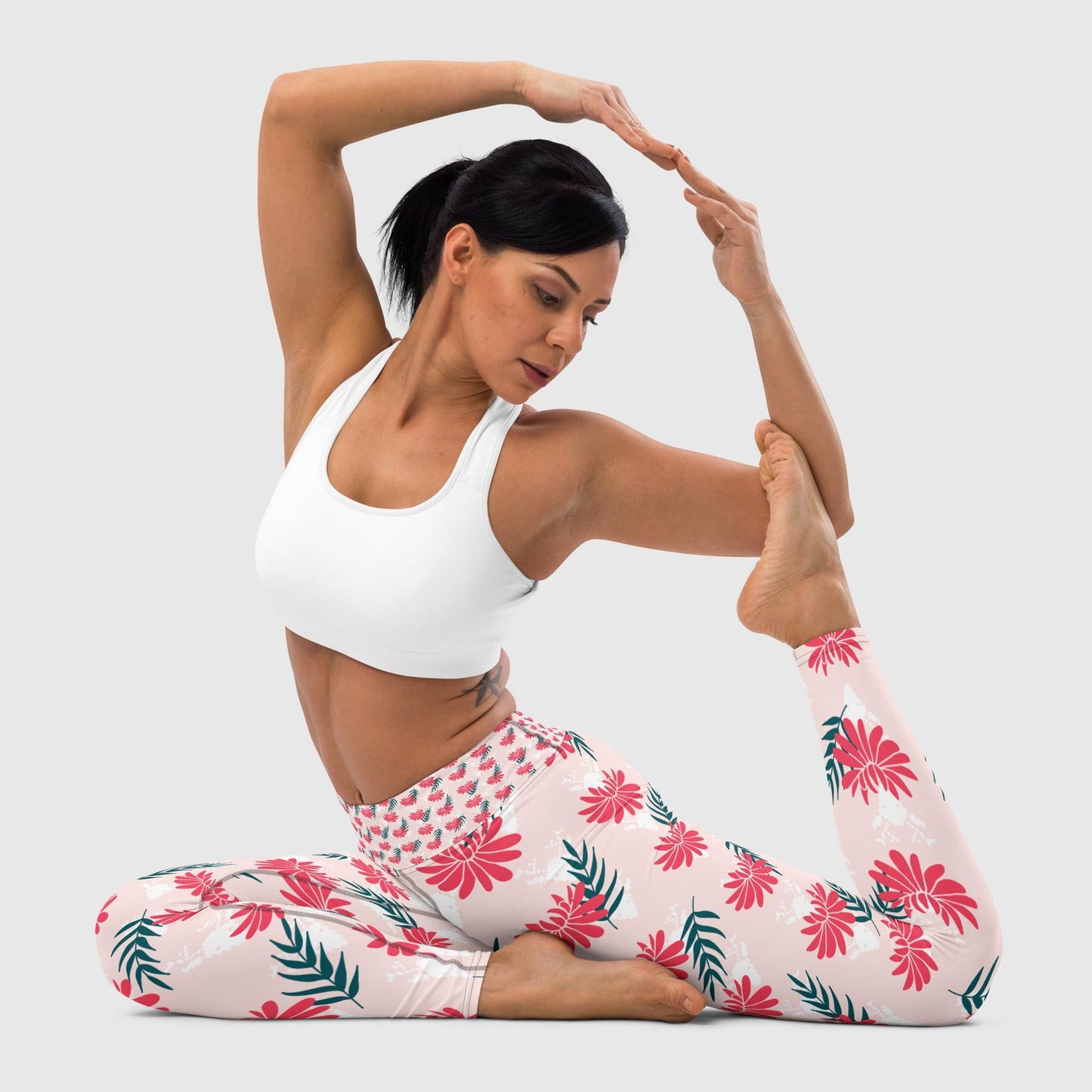 Women's yoga leggings, summer Floral yoga Pant, White and pink Flower Pattern, Women's yoga leggings, Comfortable stretch Pants, Exercising pants - PratSN