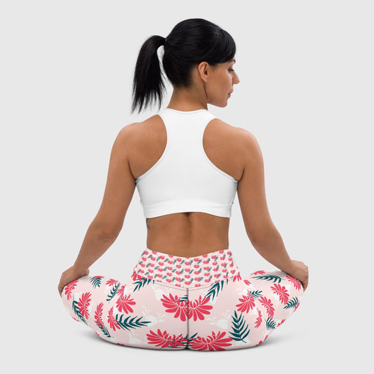 Women's yoga leggings, summer Floral yoga Pant, White and pink Flower Pattern, Women's yoga leggings, Comfortable stretch Pants, Exercising pants - PratSN