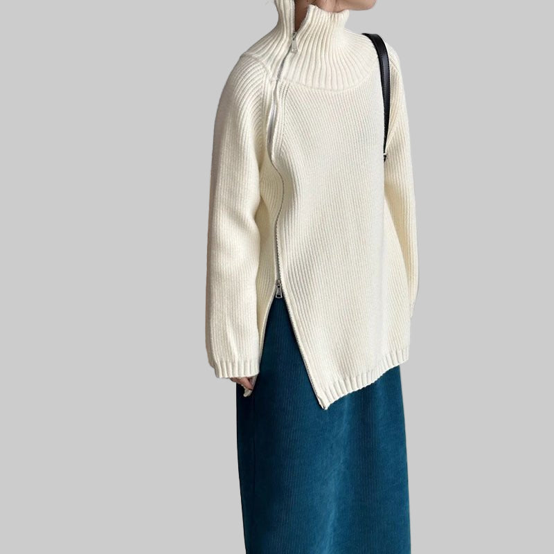 Women's Zip Turtleneck Sweater Fashionable Loose Sweater - PratSN