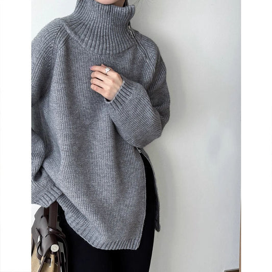 Women's Zip Turtleneck Sweater Fashionable Loose Sweater - PratSN
