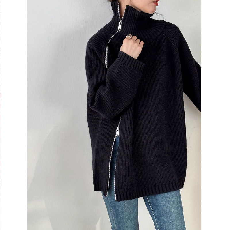 Women's Zip Turtleneck Sweater Fashionable Loose Sweater - PratSN