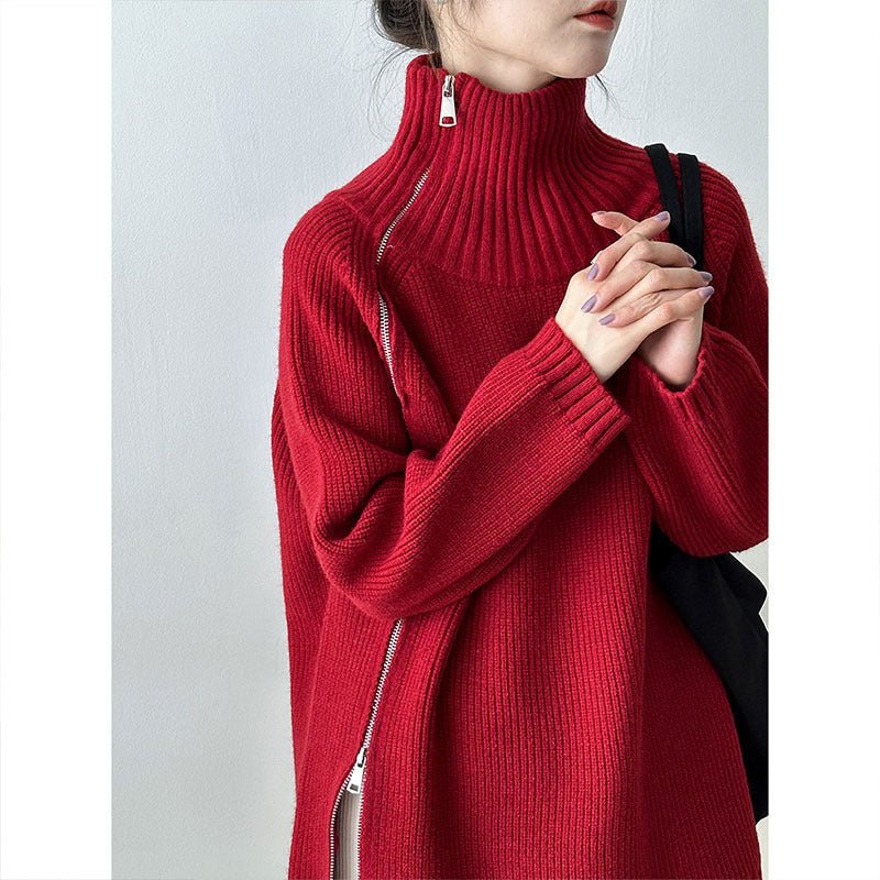 Women's Zip Turtleneck Sweater Fashionable Loose Sweater - PratSN