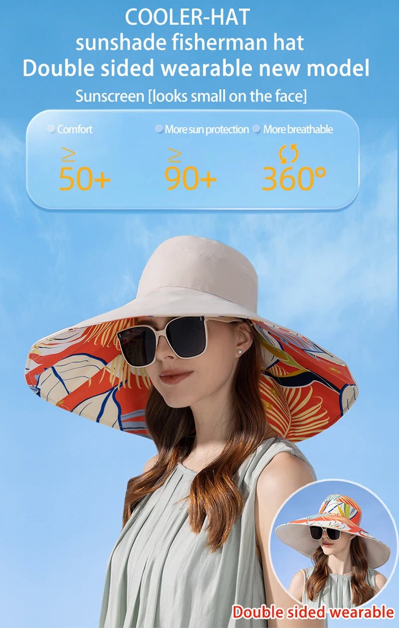 Xinbaoguan 100% Cotton European and American Cross border Women's New Double sided Fisherman Hat Summer Enlarged brim Sun hat - PratSN