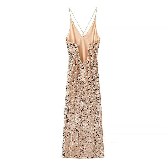 YENKYE Sexy Women Fashion Backless Hem Slit Spaghetti Strap Sequin Dresses Night Out Vestidos Party Dress - PratSN