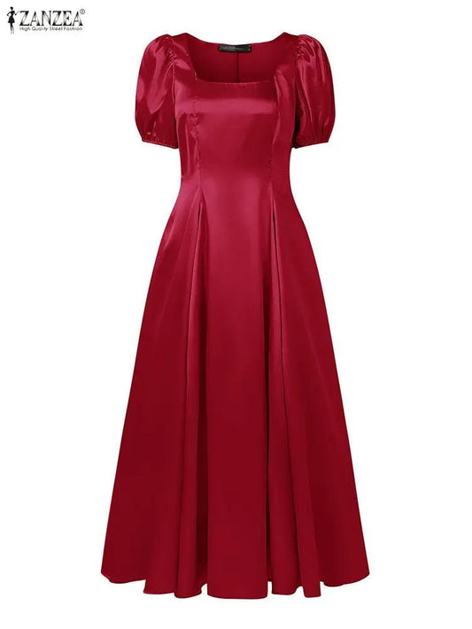 ZANZEA Elegant Chic Women Satin Wedding Guest Party Long Dresses Square Neck Short Puff Sleeve Fitted Waist A - Line Dress S - 3XL - PratSN