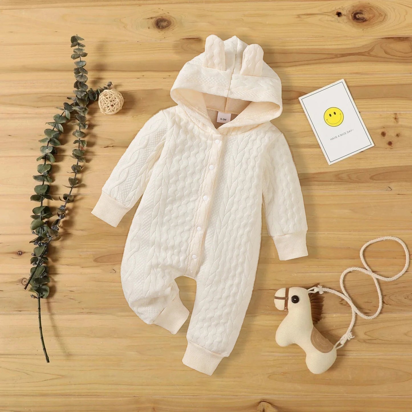 0 - 18 Month Newborn Baby Romper Boys Girls Cute Ears Solid Hooded Long Sleeve Baby Bodysuit Clothes Infant Autumn&Winter Costumes - PratSN