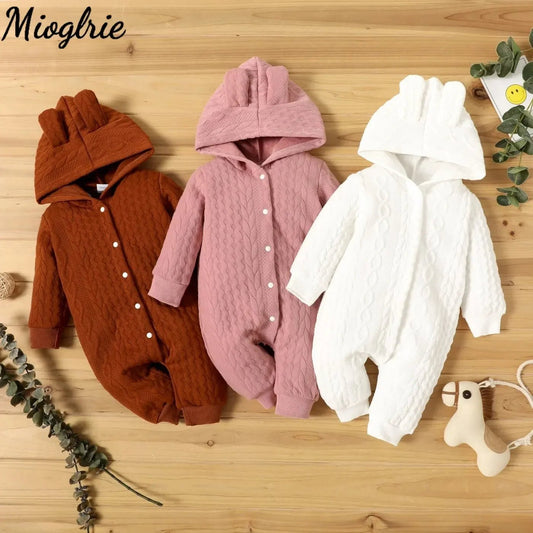 0 - 18 Month Newborn Baby Romper Boys Girls Cute Ears Solid Hooded Long Sleeve Baby Bodysuit Clothes Infant Autumn&Winter Costumes - PratSN